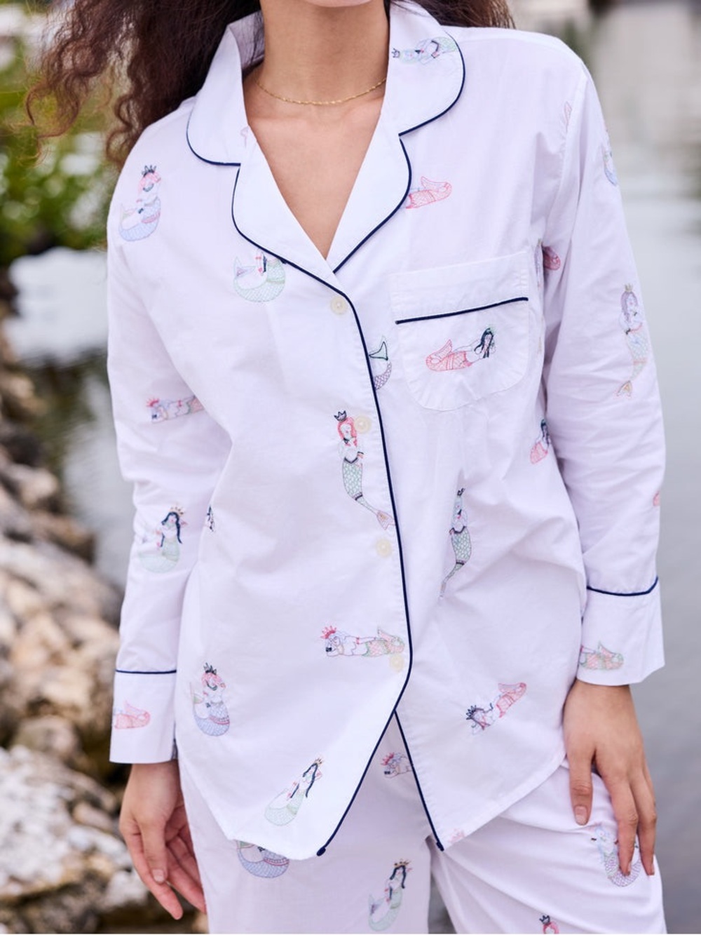 Printfresh Mermaid White Embroidered Pajama Set Long Sleeve Shorts